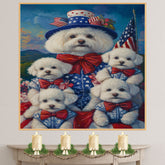 Bichon Frise Mother and Four Puppies in Patriotic Outfits with American Flags and Mountain Sunset Background on Ready to Hang 1.5" Thick Canvas Wrap, Floating Framed Canvas, Flat Rolled Canvas